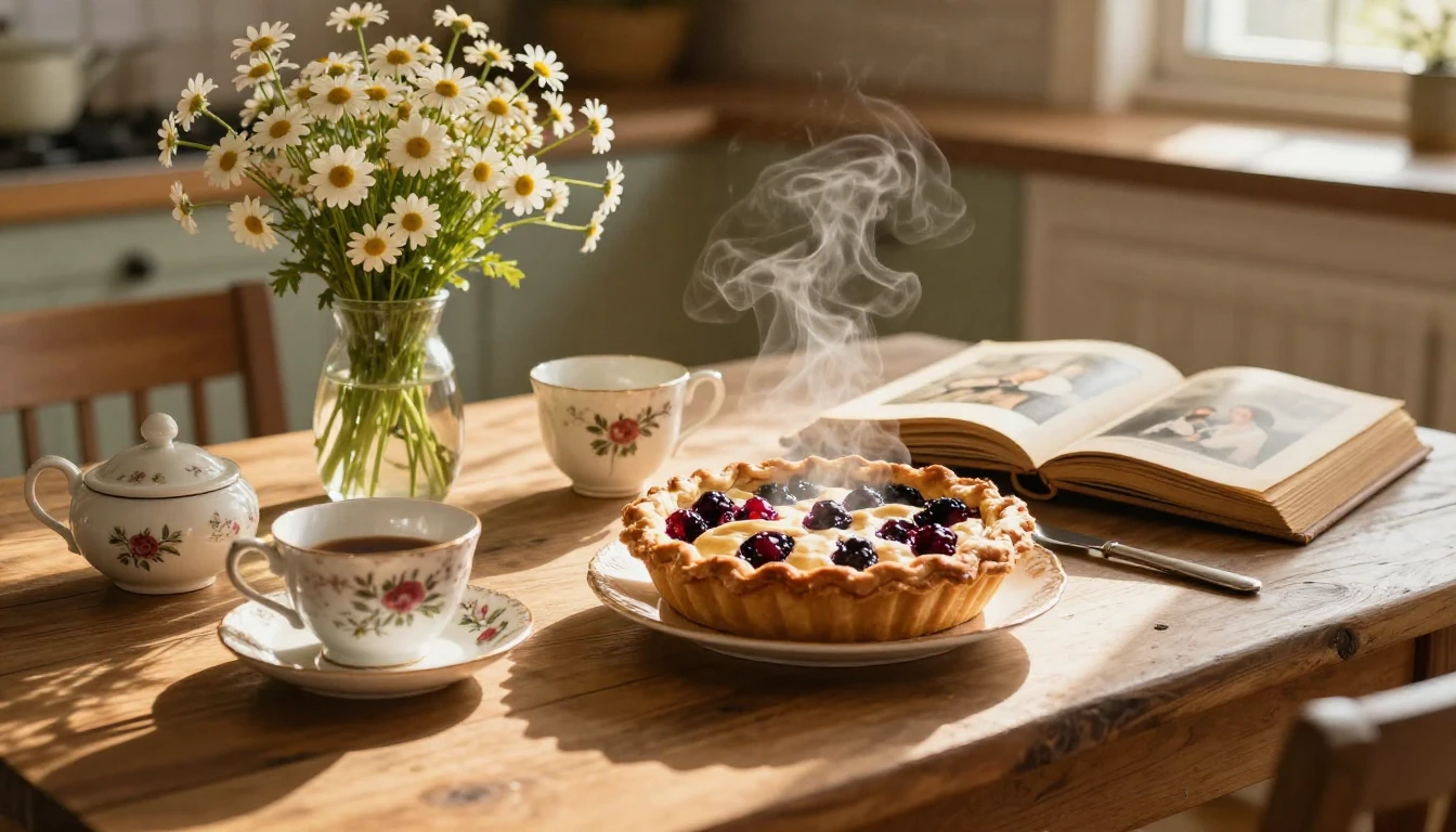 A cozy, sunlit rustic kitchen table, a porcelain tea set wit...