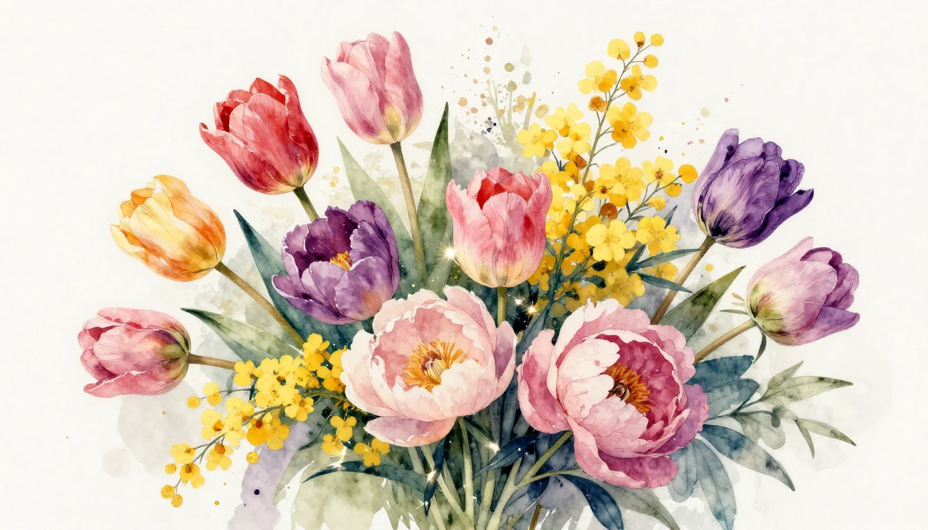 A vibrant and elegant watercolor painting featuring a lush b...