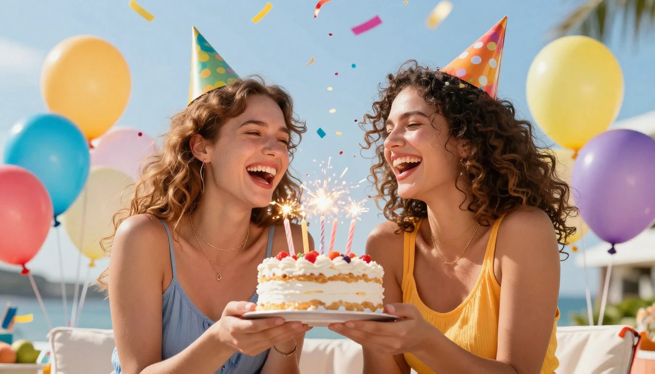 A vibrant and colorful birthday party scene, two best friend...