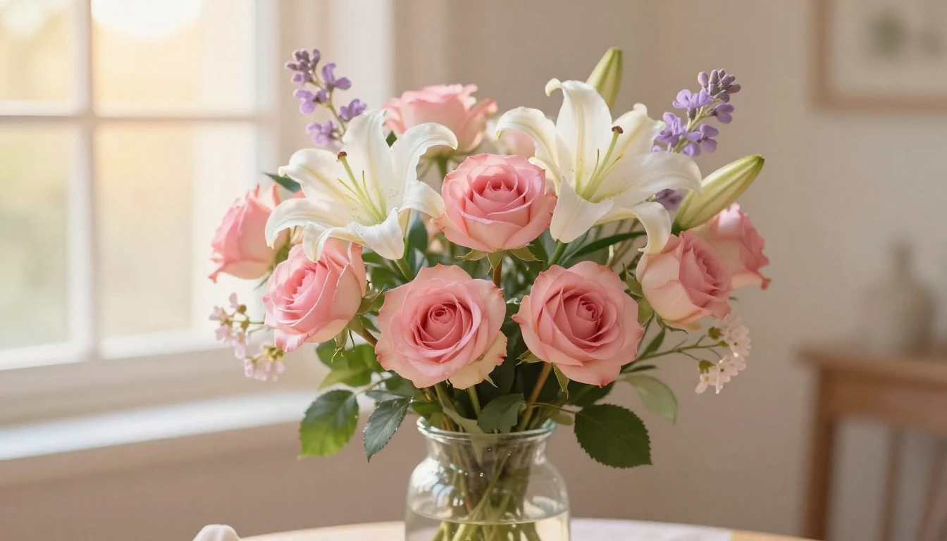 A beautiful and vibrant bouquet of blooming flowers includin...