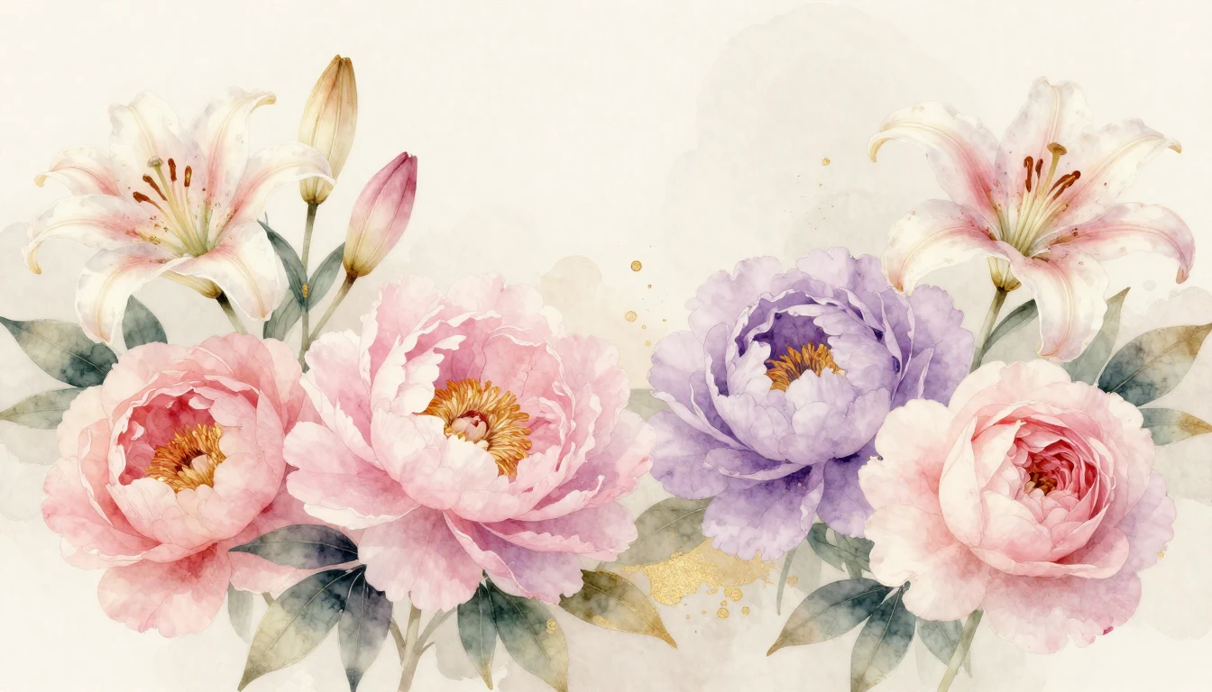 A beautiful and delicate watercolor painting of various bloo...