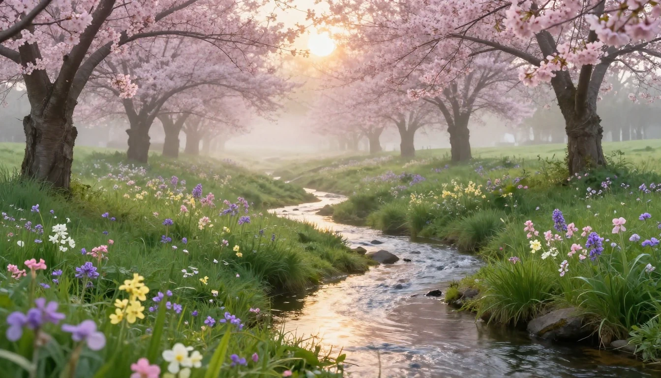 A breathtaking landscape of a lush green meadow at dawn. Del...