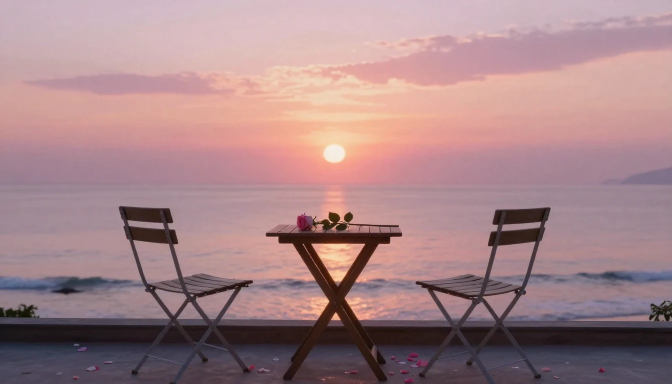 A serene and romantic scene featuring two empty chairs on a ...