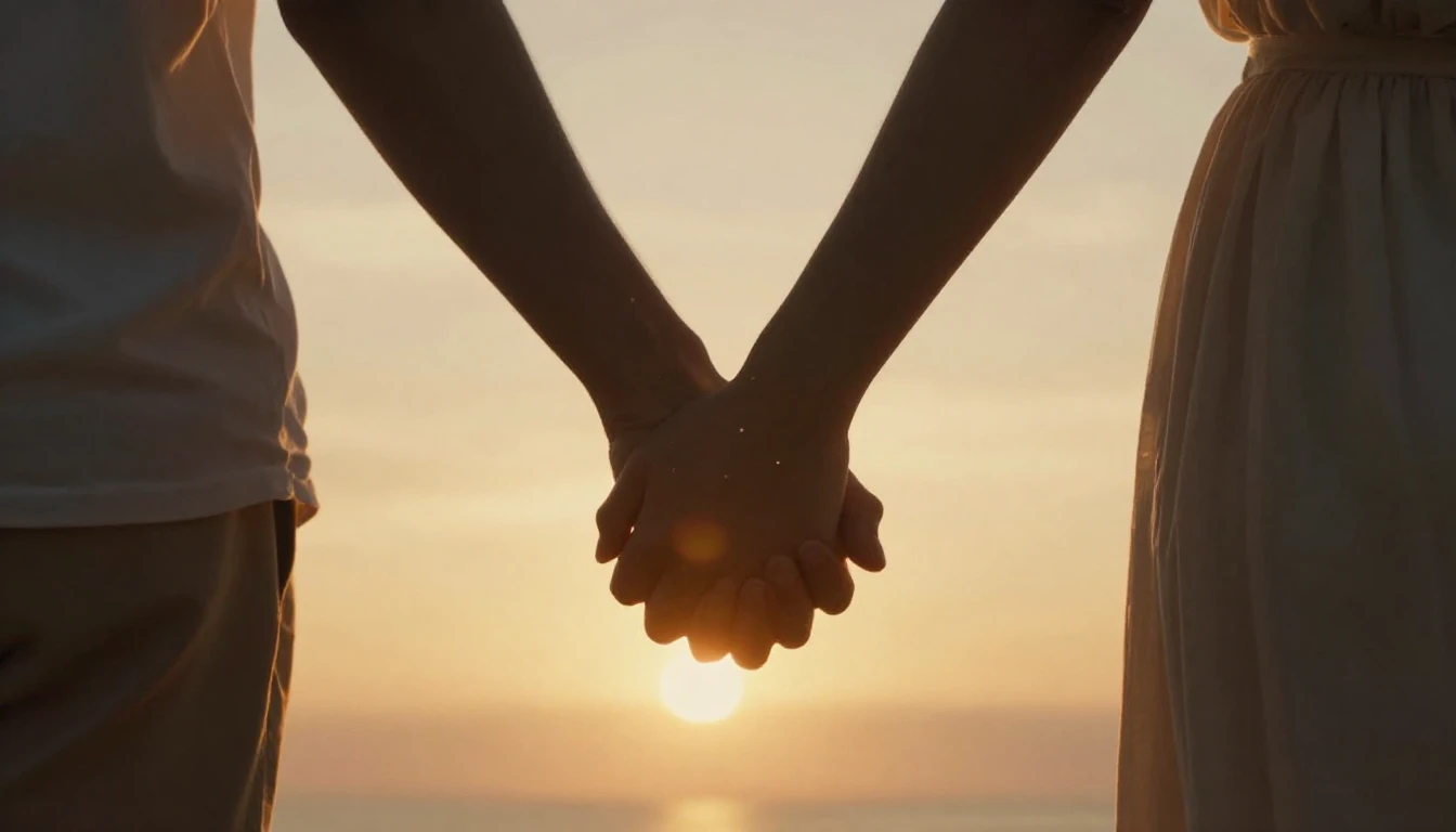 A warm, glowing scene showing two people holding hands at su...