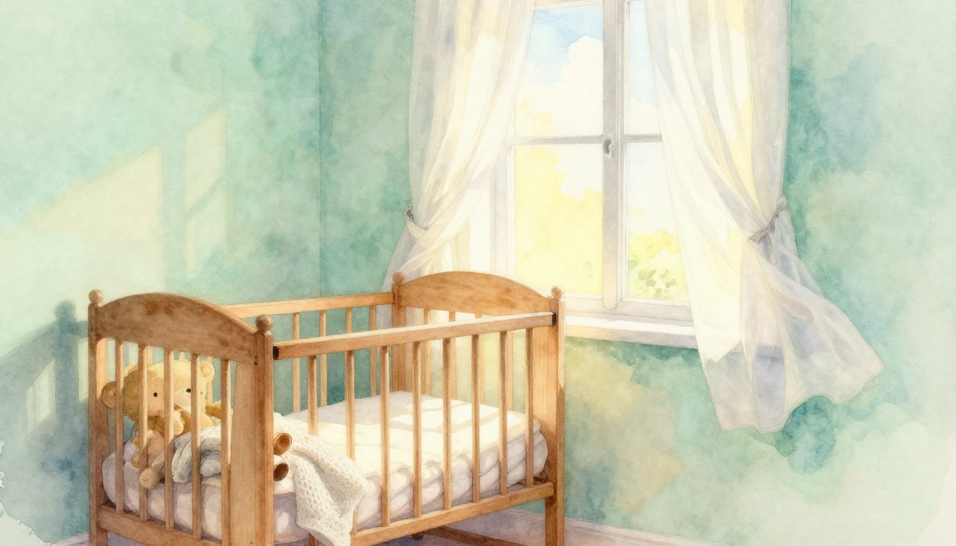 A soft watercolor painting of a cozy nursery filled with war...