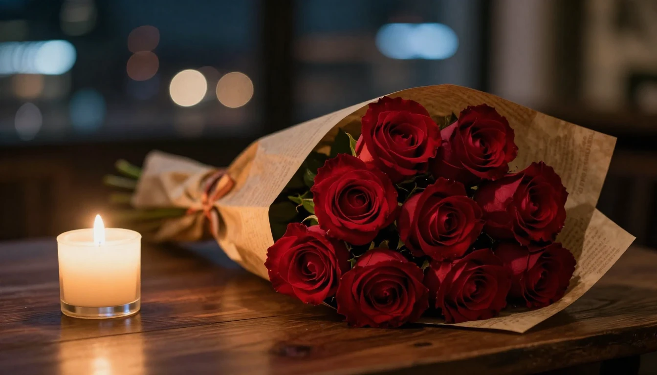 A romantic cinematic close-up of a bouquet of deep red roses...