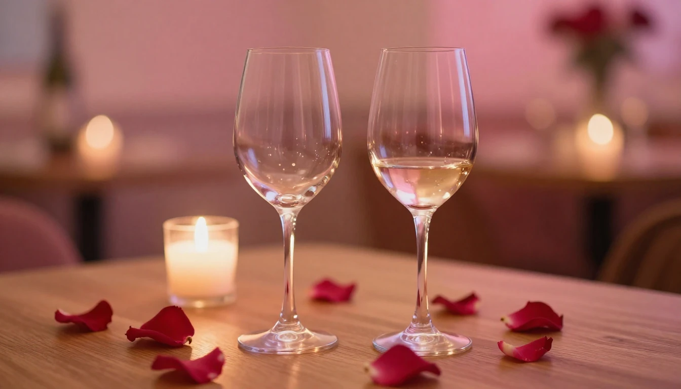 A soft and dreamy scene featuring two elegant wine glasses o...