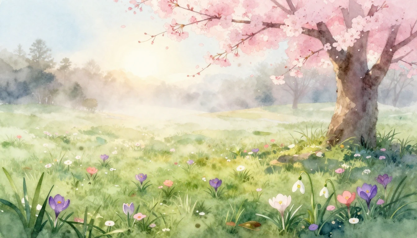 A delicate watercolor painting of a lush meadow at dawn. Tin...