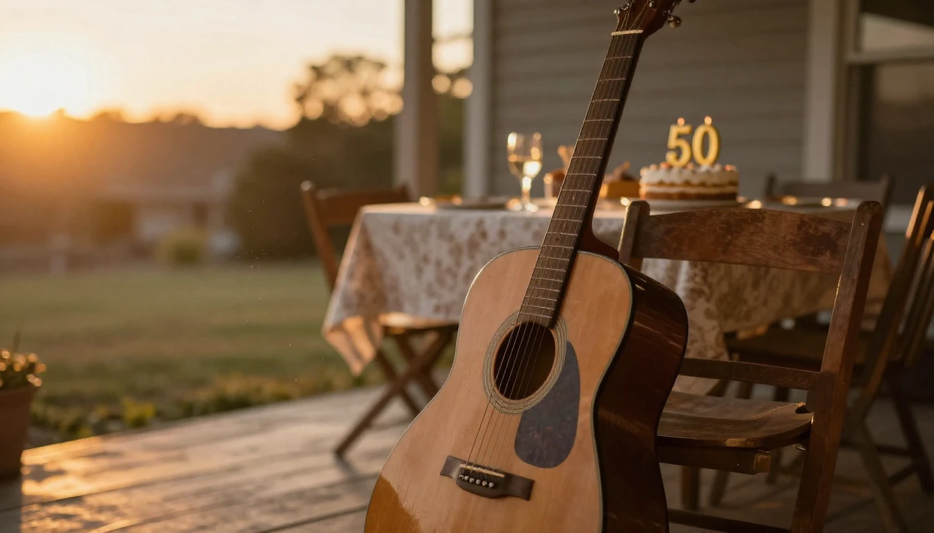 A warm, nostalgic scene showing a vintage acoustic guitar re...