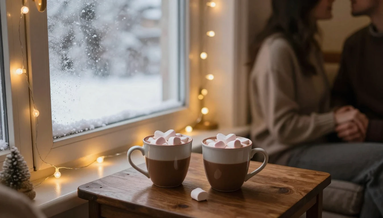A cozy, romantic scene inside a warm living room on a snowy ...