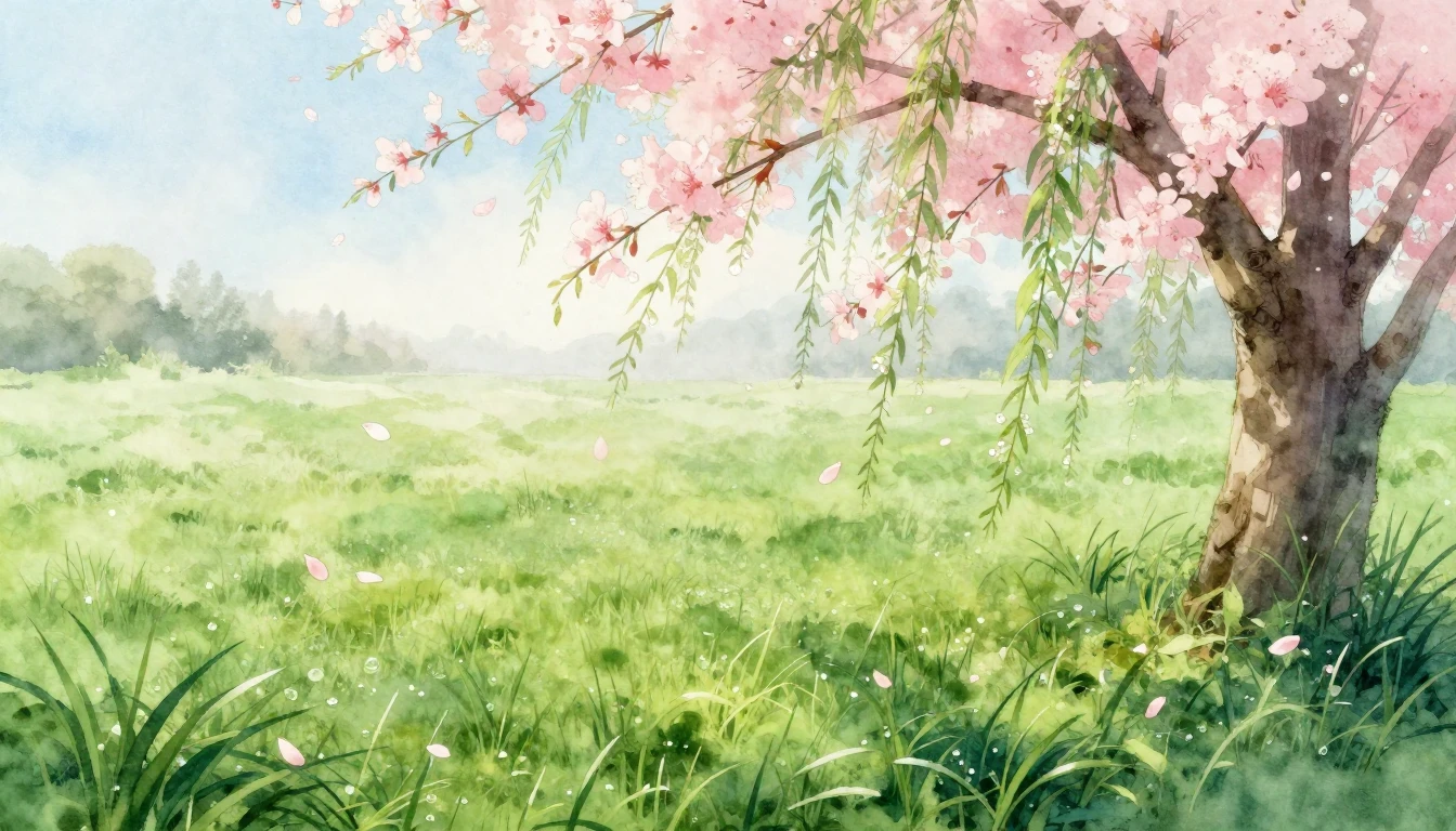 A breathtaking watercolor painting of a lush green meadow at...