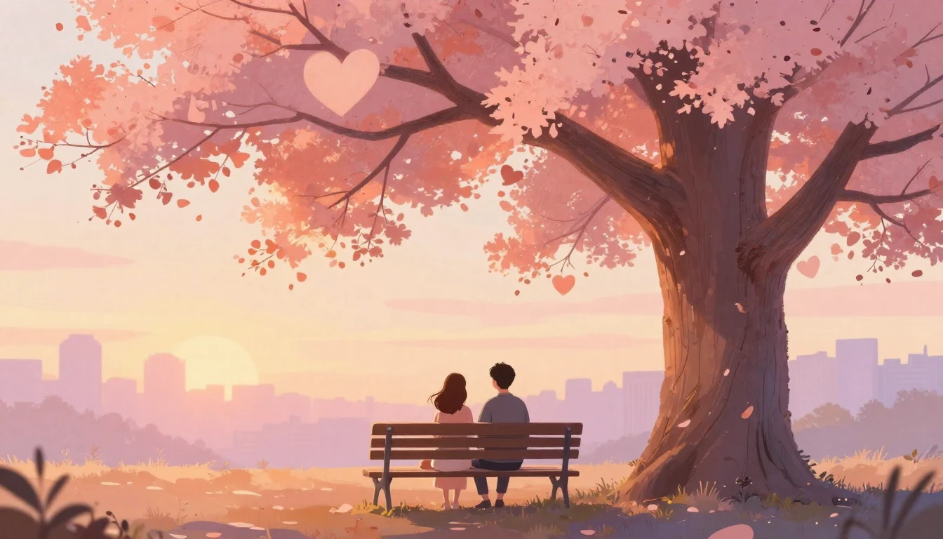 A romantic and soft illustration of a couple sitting on a pa...
