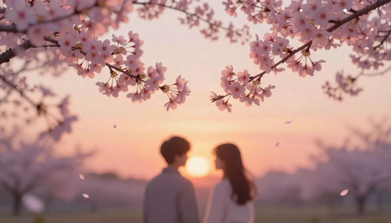 A soft and dreamy scene depicting two delicate cherry blosso...