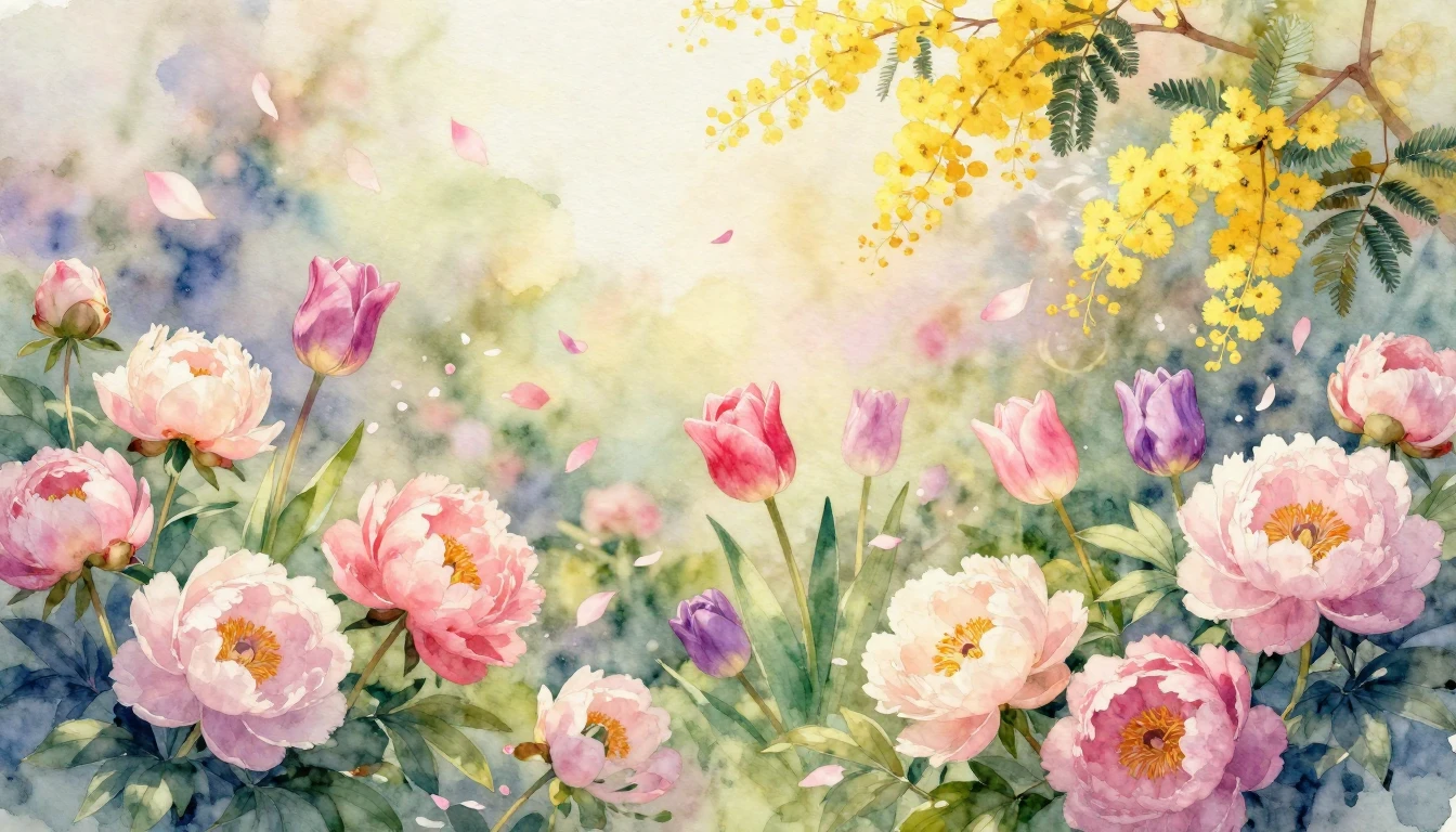 A vibrant watercolor painting of a lush spring garden in ful...