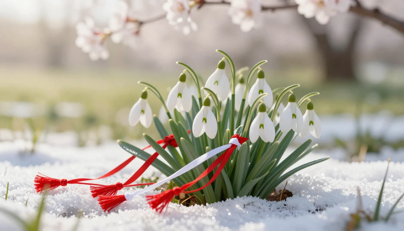 A beautiful composition of delicate white snowdrops emerging...