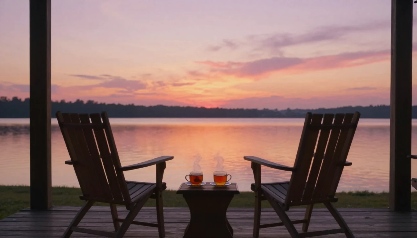 A serene landscape at sunset where two empty chairs sit side...