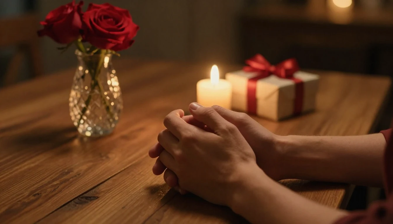 A cinematic close-up shot of a couple holding hands gently o...