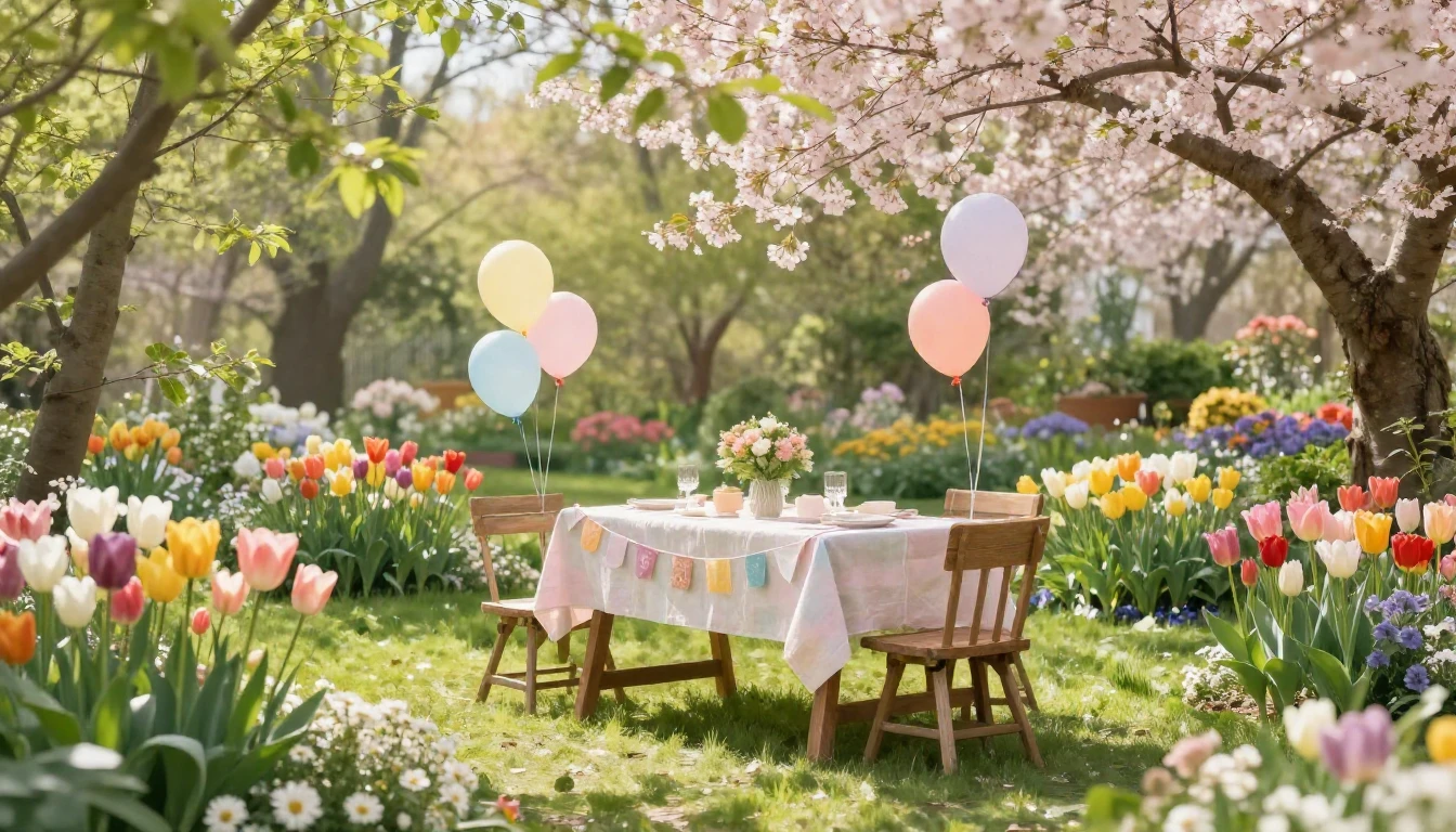 A vibrant and lush spring garden in full bloom with colorful...