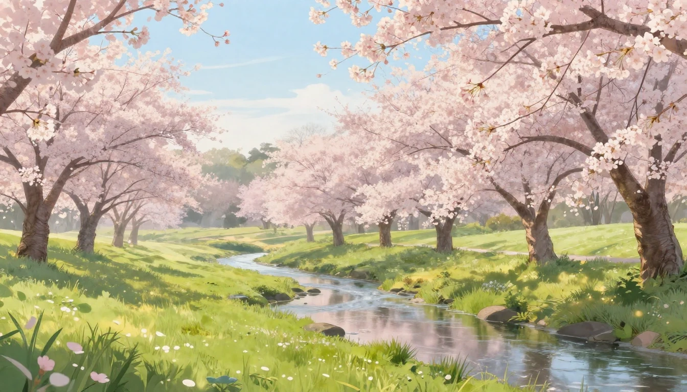 A serene spring landscape in soft pastel colors. Delicate ch...