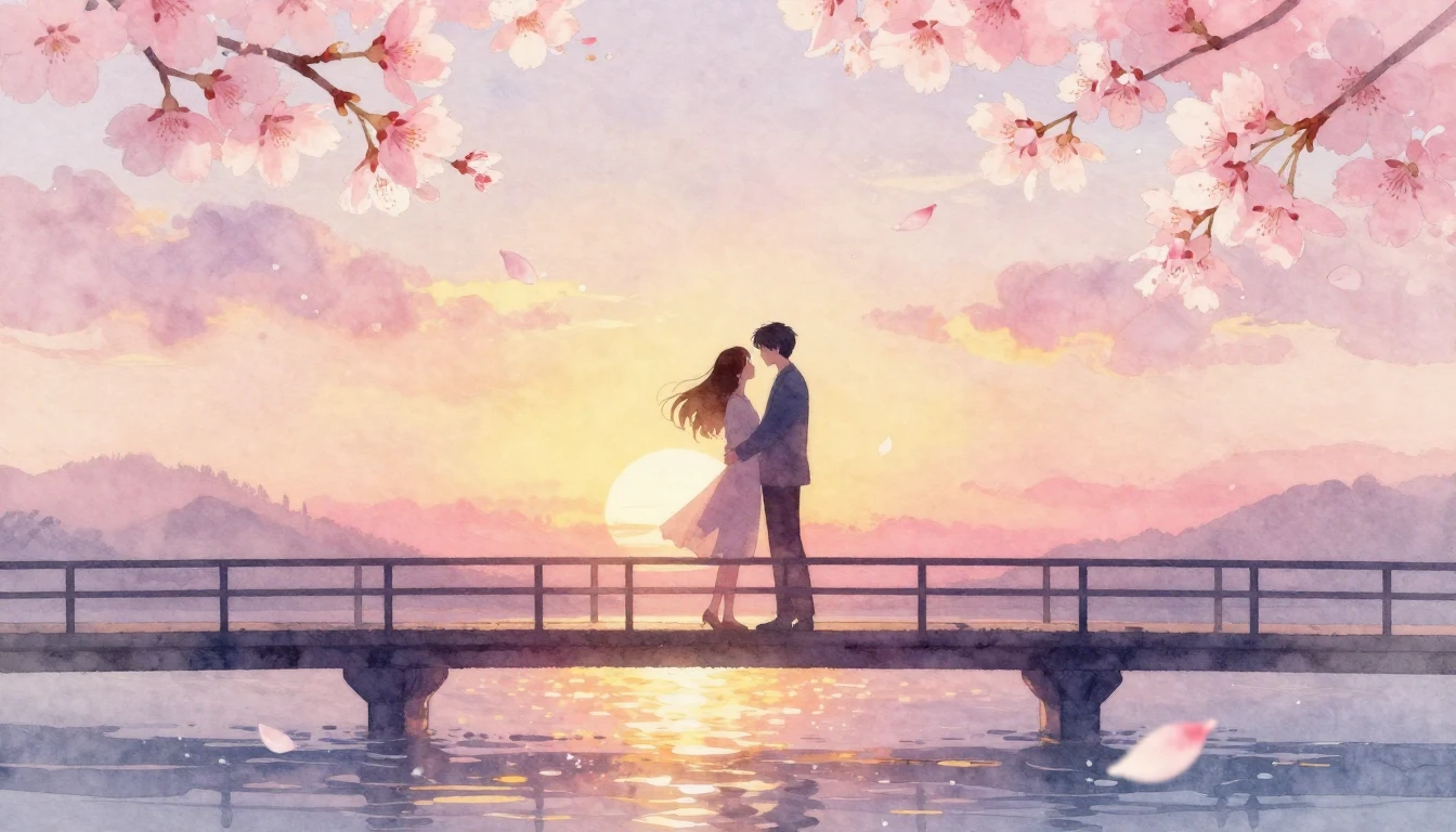 A delicate watercolor painting of two intertwined silhouette...