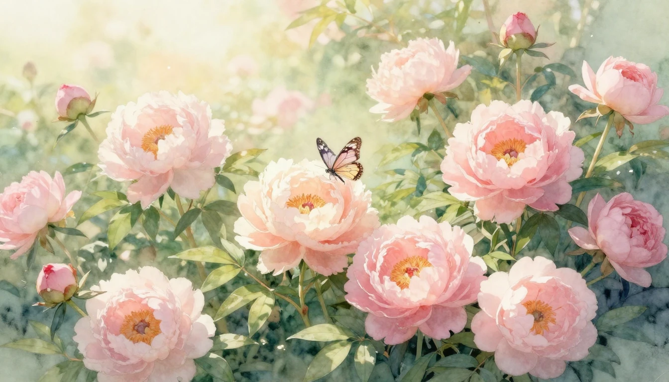 A beautiful watercolor painting of a lush garden filled with...