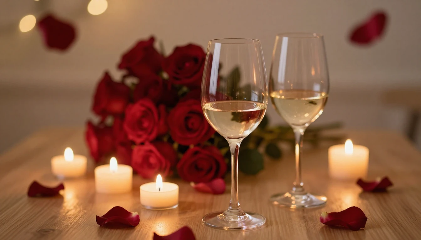 A romantic and dreamy scene featuring two elegant wine glass...