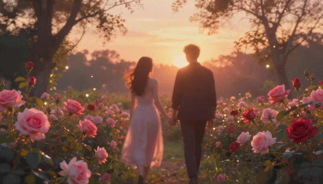 A dreamy and ethereal scene of two silhouettes walking throu...