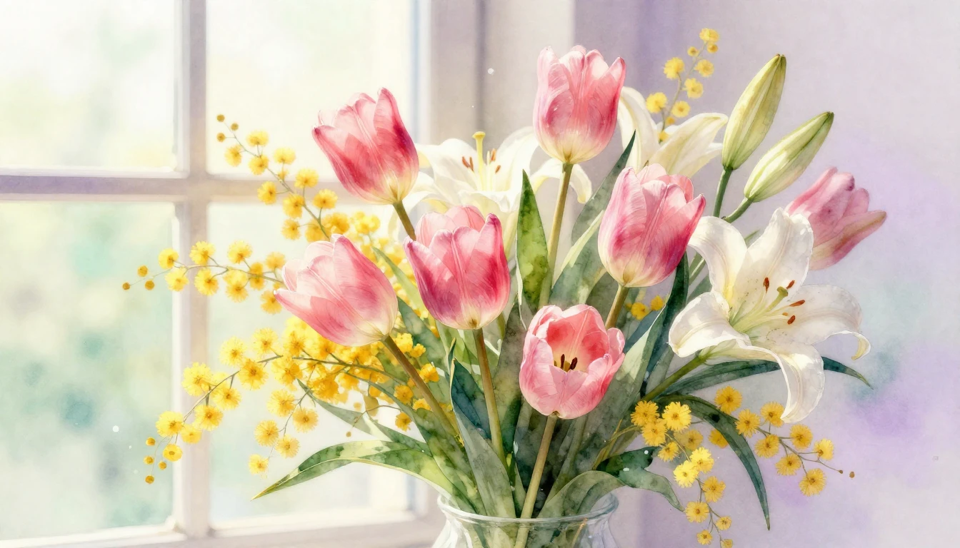 A delicate watercolor painting of a lush bouquet featuring p...