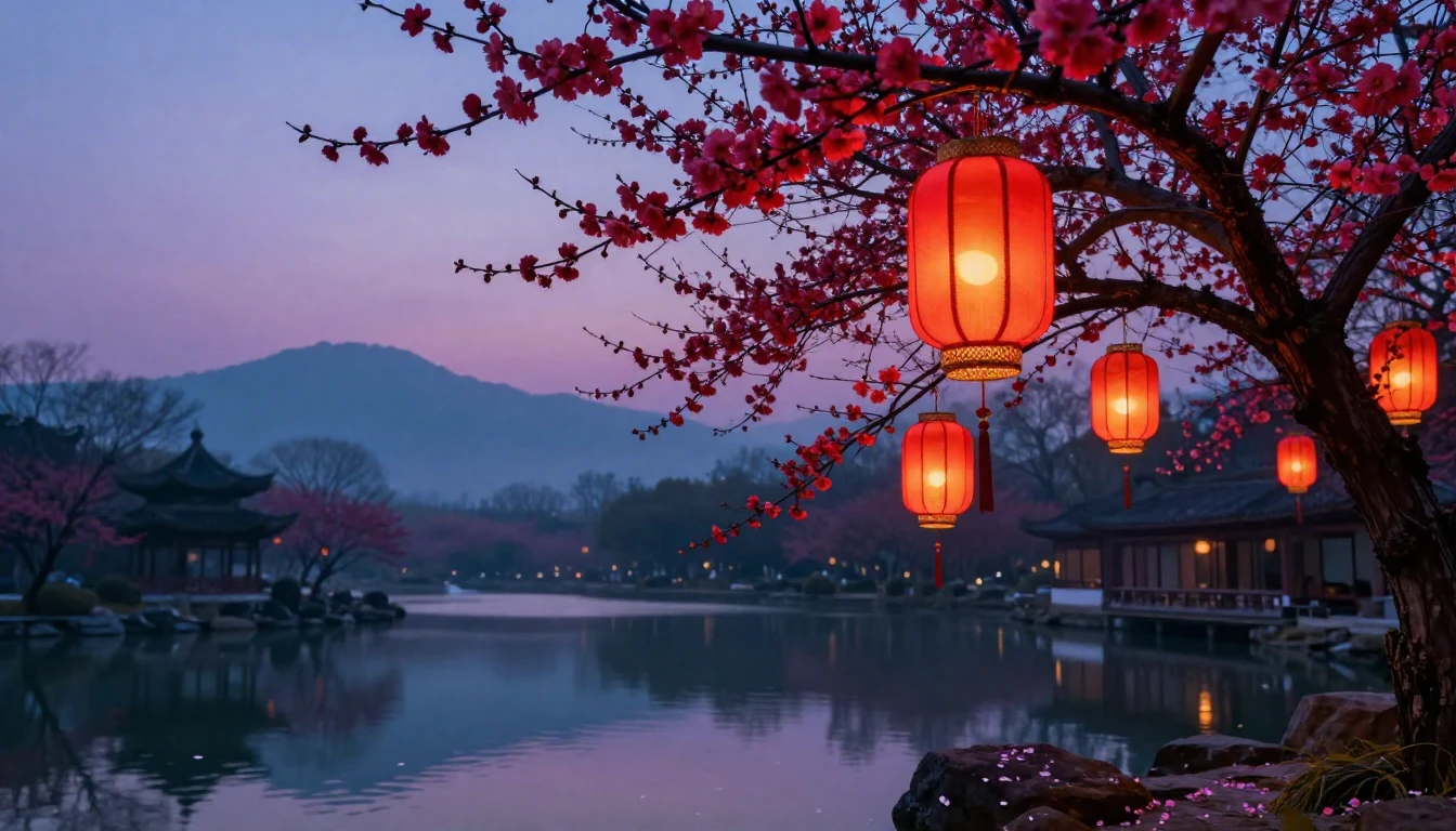A serene landscape of a traditional East Asian garden at dus...