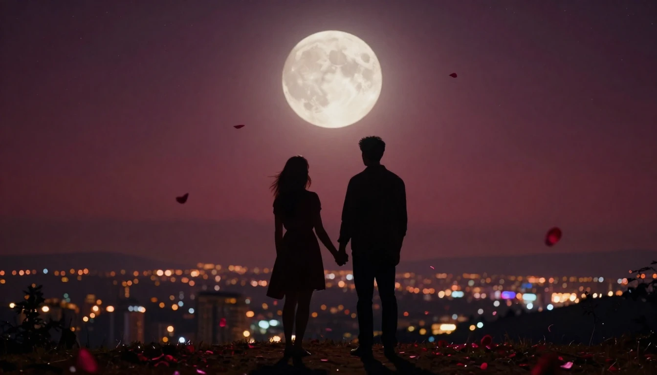 A romantic cinematic scene under a starry night sky, a silho...