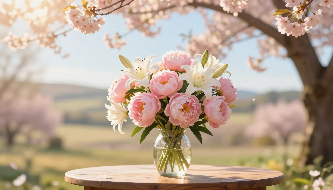 A breathtaking scene of a sunlit garden during spring. In th...