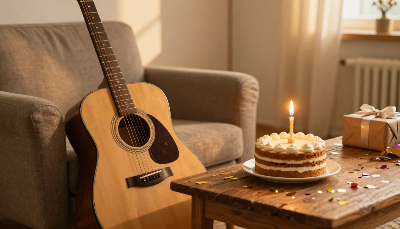 A beautifully lit scene featuring an acoustic guitar leaning...