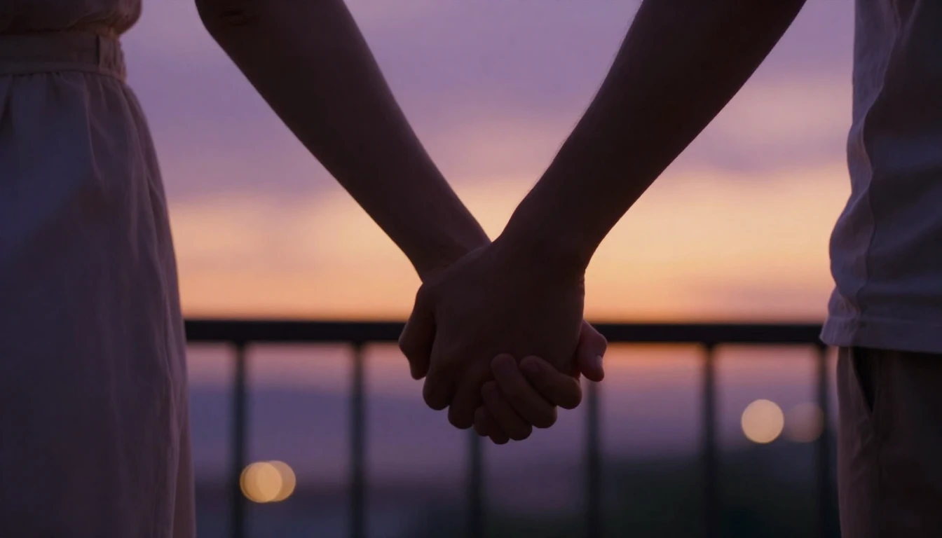 A romantic cinematic close-up shot of a couple holding hands...