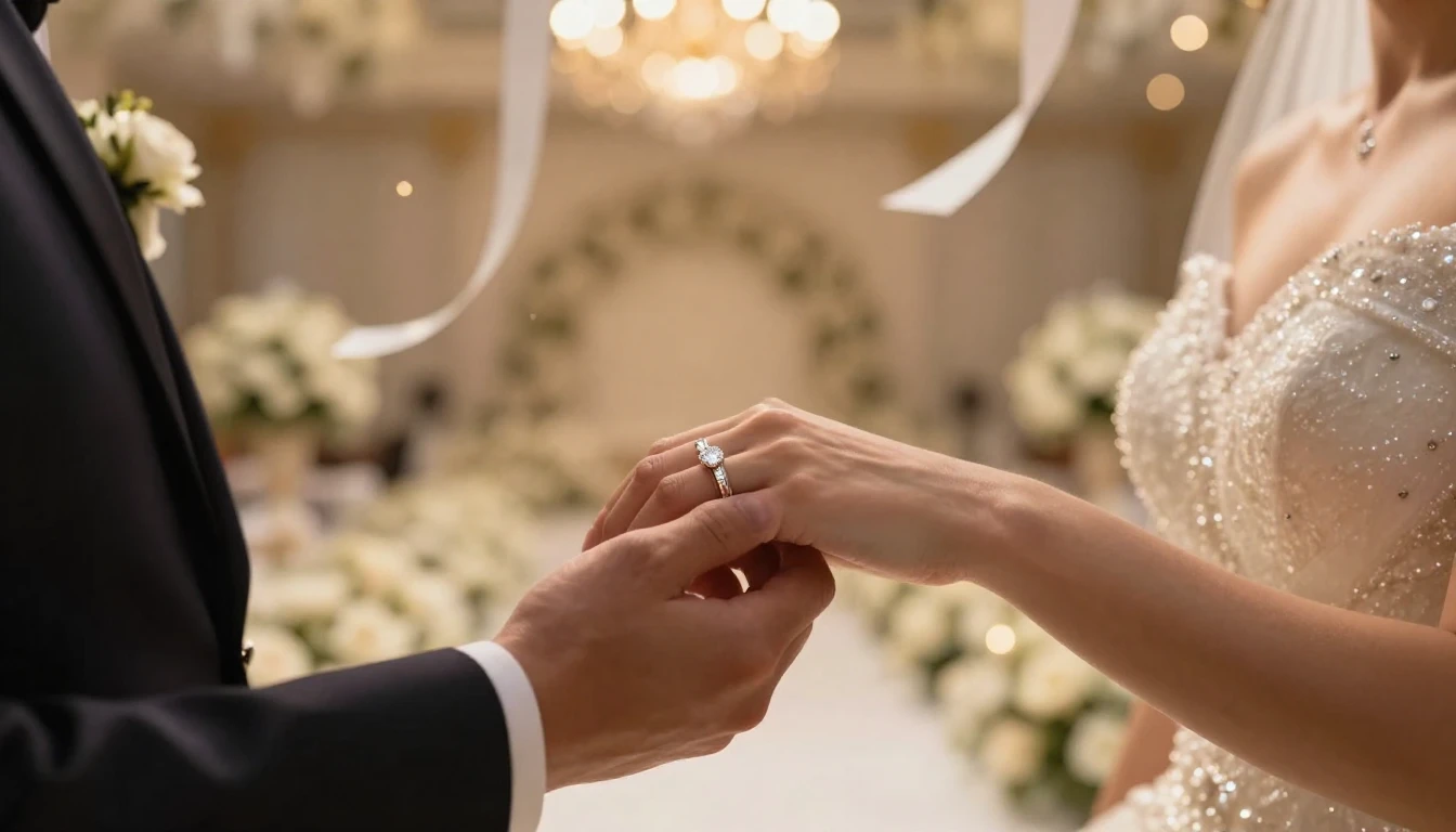 A cinematic and romantic close-up shot of a bride and groom ...