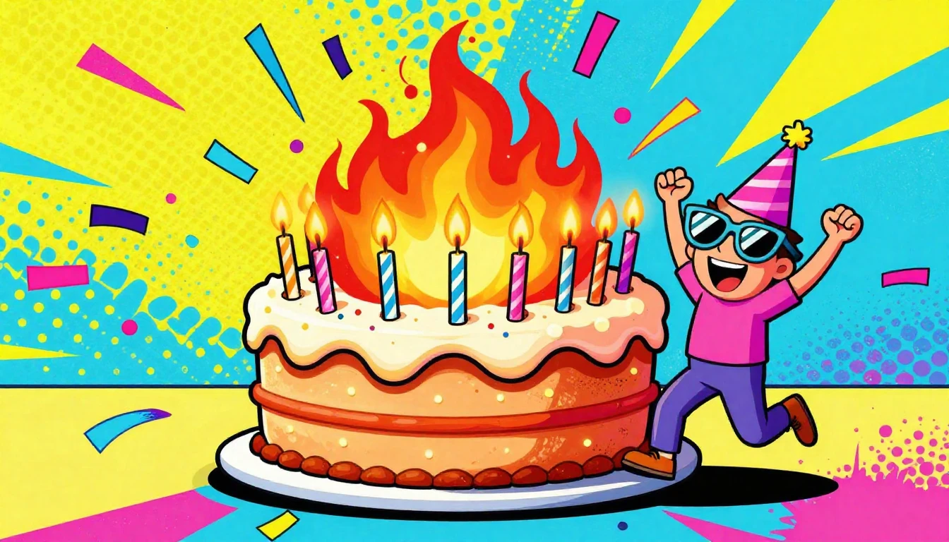 A vibrant and humorous pop art illustration of a birthday pa...