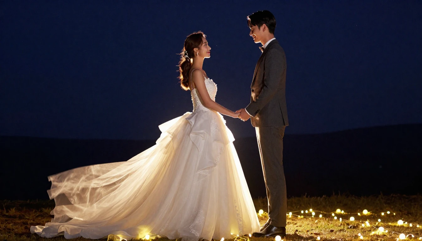 A highly romantic and elegant scene of a newlywed couple hol...