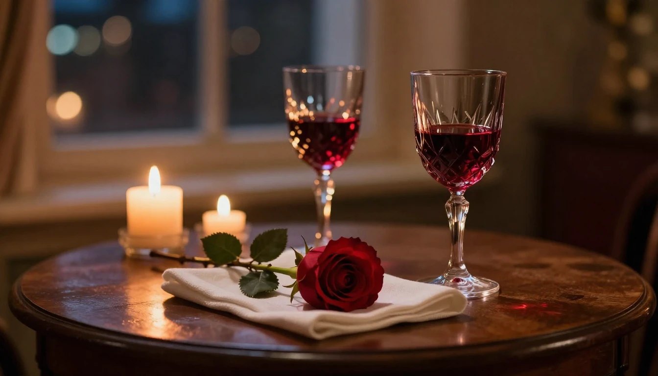 A highly detailed cinematic shot of a romantic evening setti...