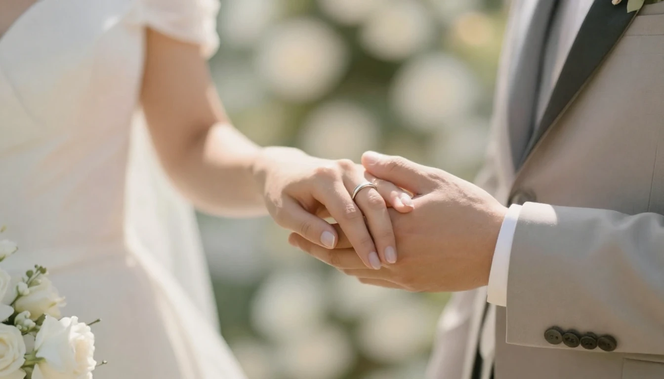 Close-up of a bride and groom holding hands, wedding rings c...
