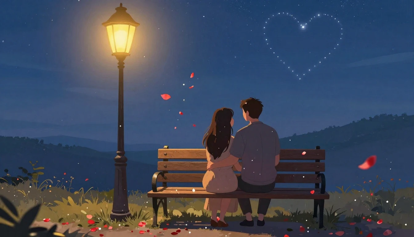 A romantic illustration of a couple sitting on a vintage woo...