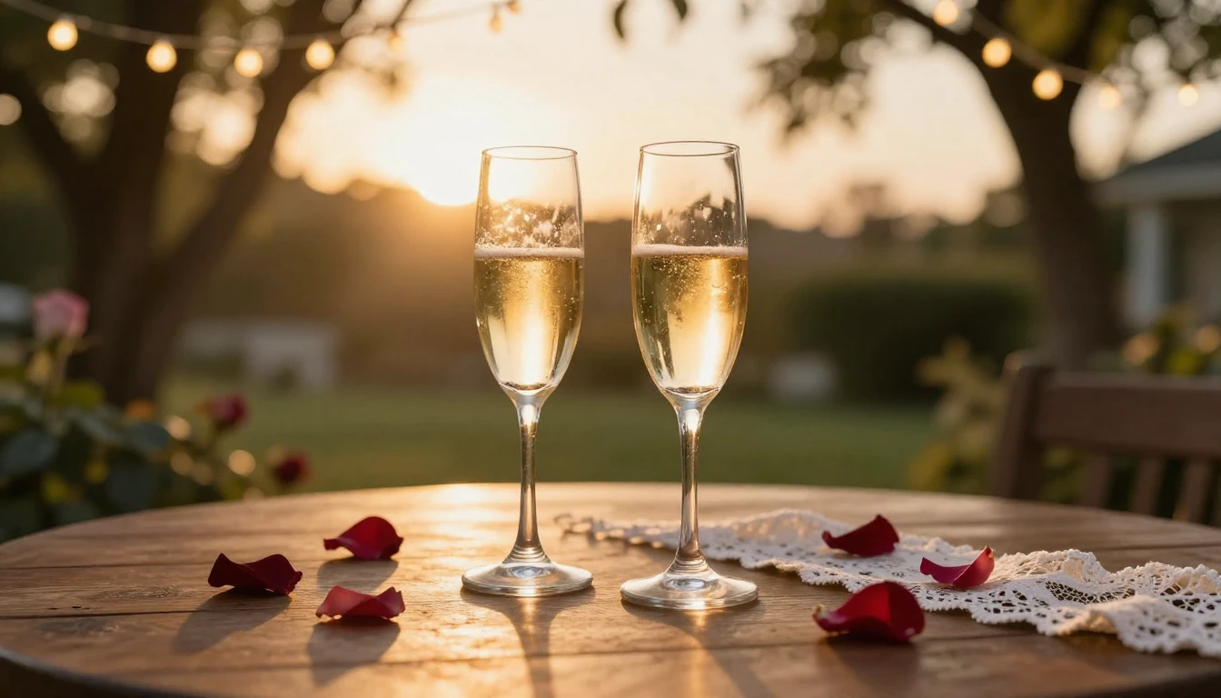 A romantic and elegant scene featuring two champagne glasses...