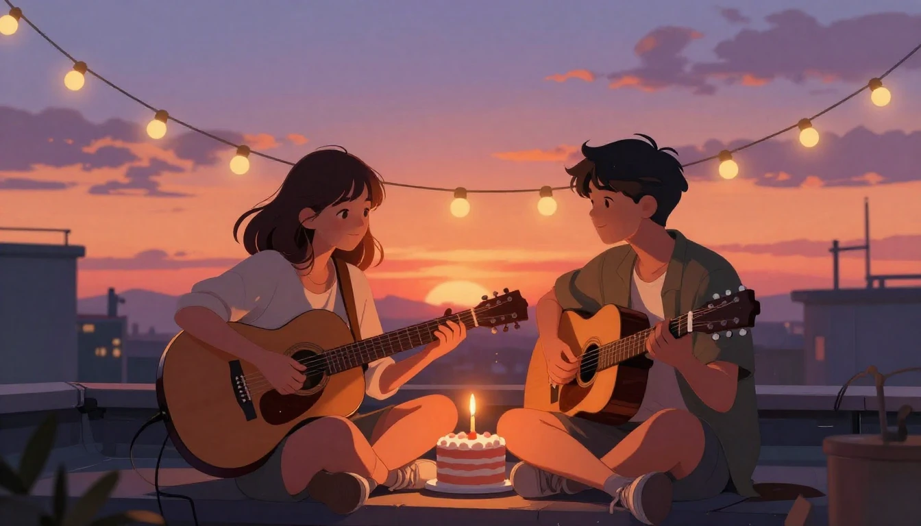 A warm and nostalgic digital art illustration of two friends...