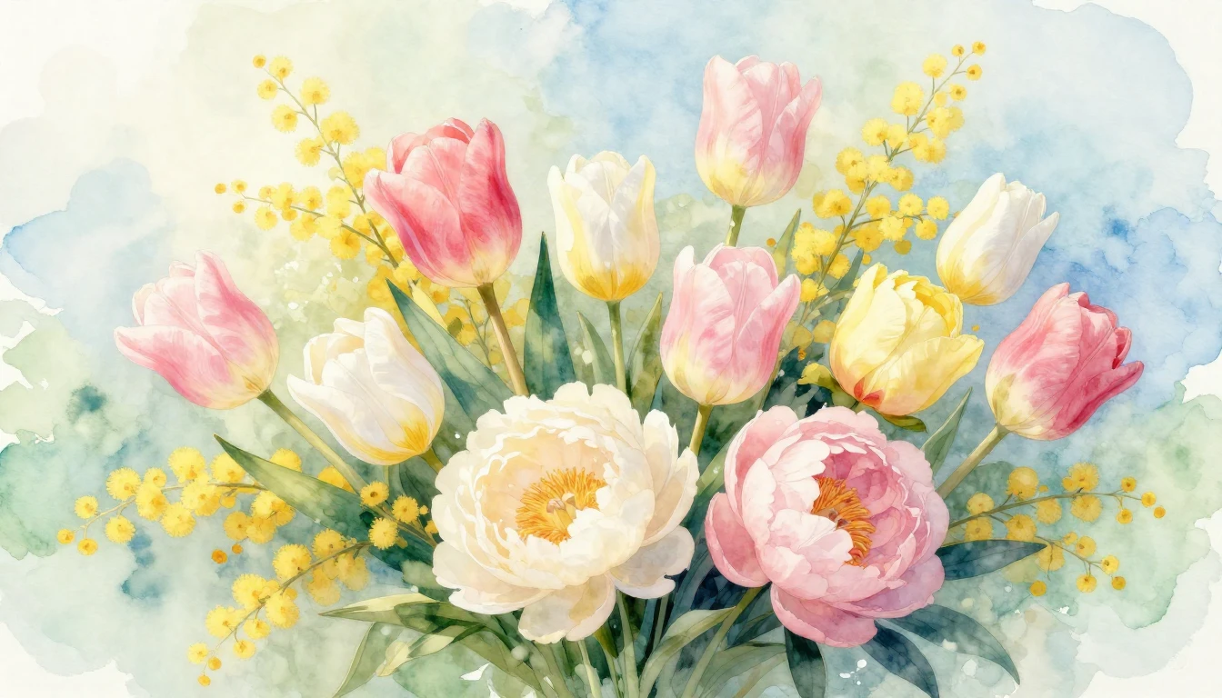 A beautiful watercolor painting of a lush spring bouquet fea...