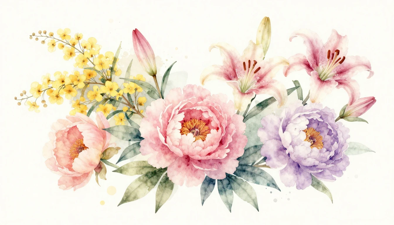 A beautiful and delicate watercolor painting featuring a var...