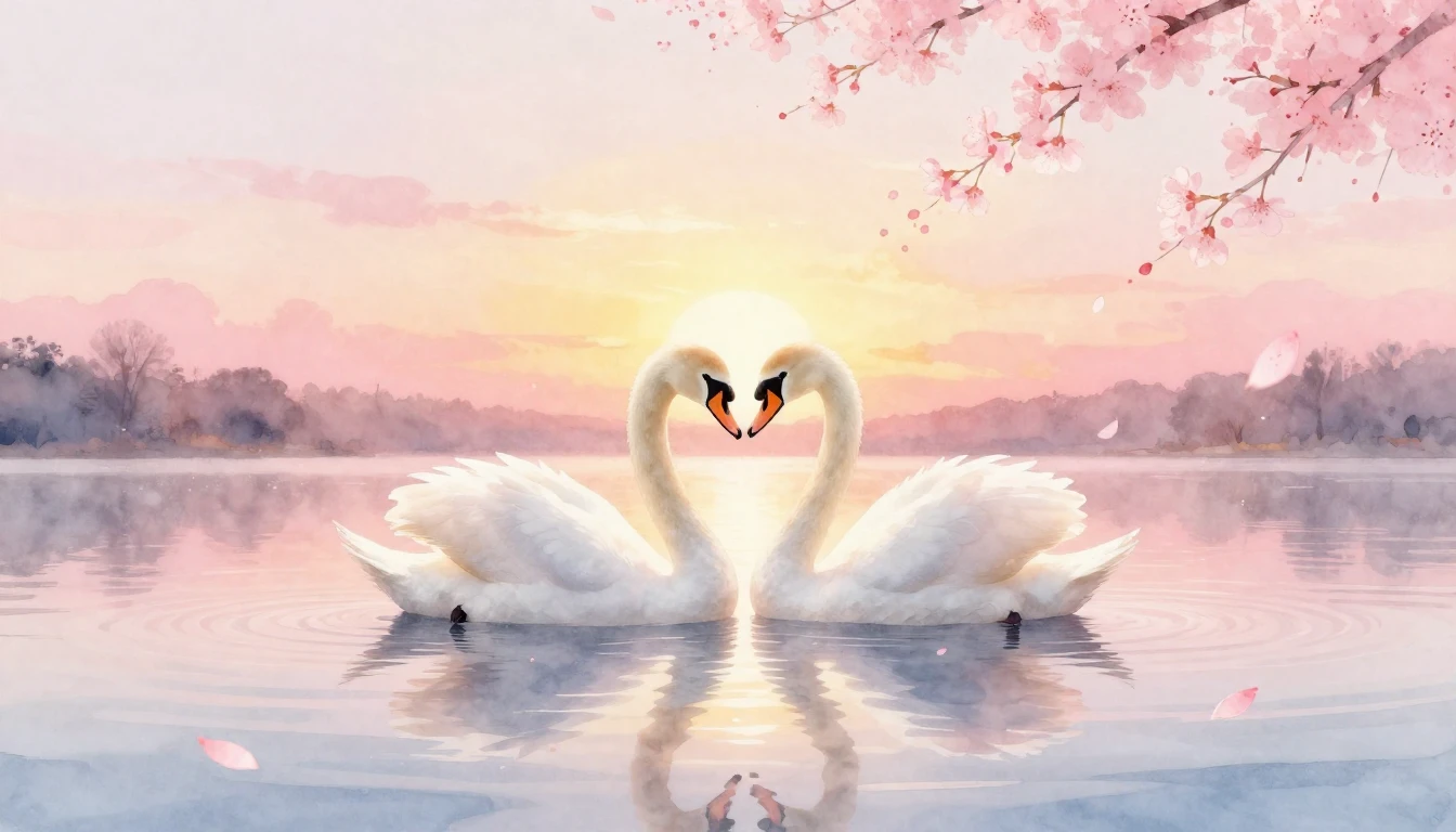 A delicate watercolor painting of a soft pink and gold sunse...