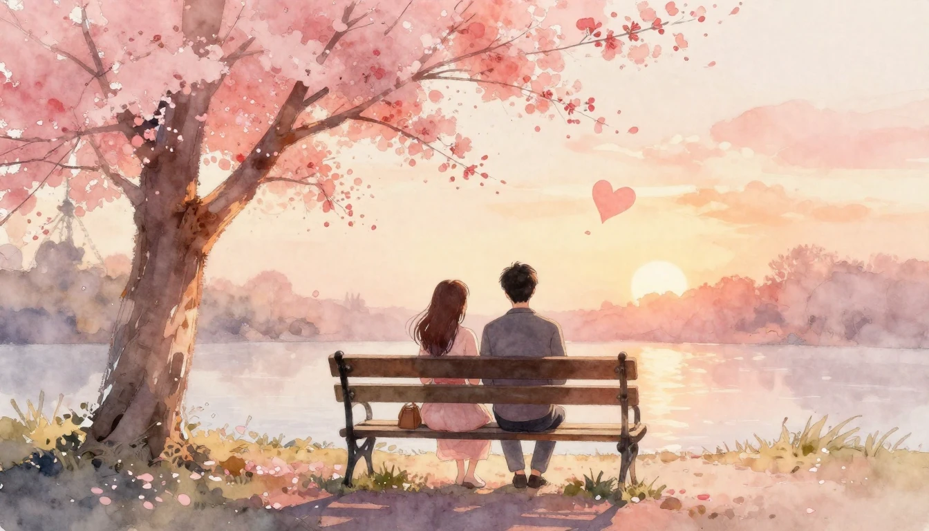 A romantic watercolor painting featuring a couple sitting on...
