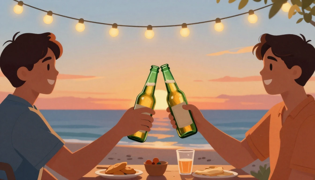 A warm and festive illustration of two friends clinking beer...