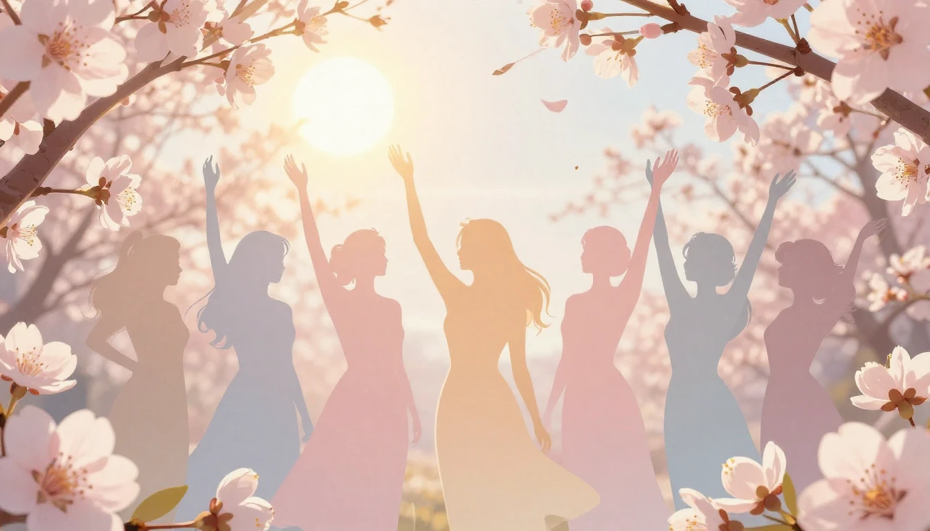 A beautiful spring scene with blooming flowers, a glowing su...