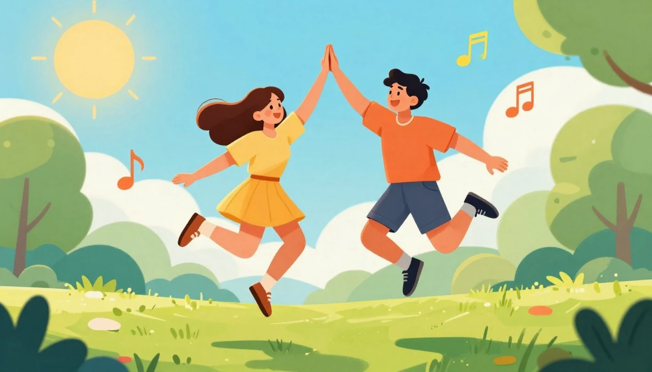 A vibrant and colorful illustration of two friends jumping i...