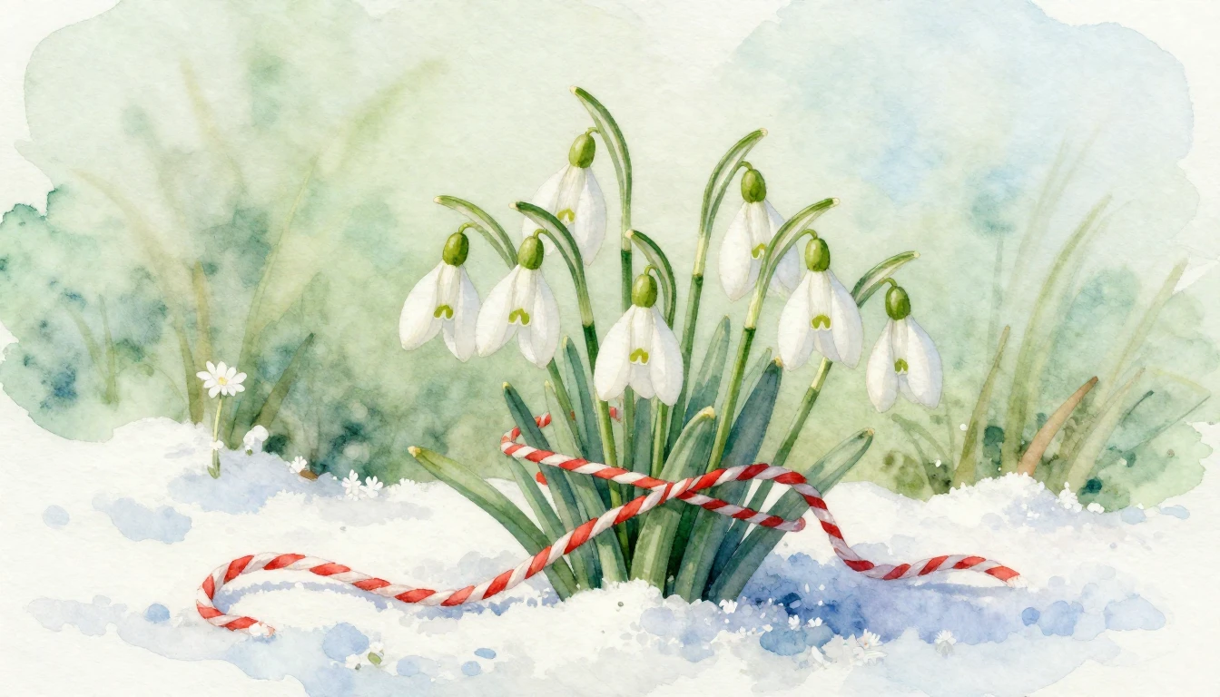 A delicate watercolor painting representing the Mărțișor tra...