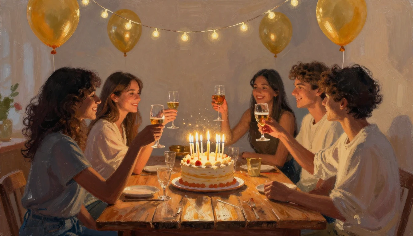 A heartwarming and festive birthday scene. A beautifully dec...